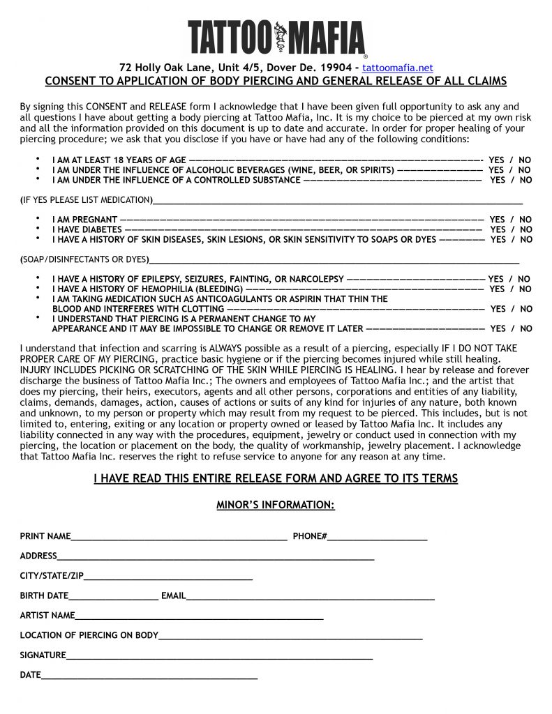 tattoo mafia, inc. - consent release form / minor notary form